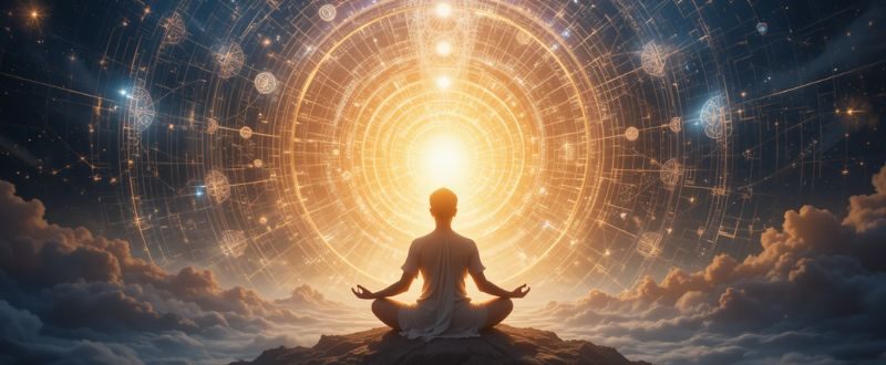 Pessoa meditando com campo energético se expandindo e conectando-se a estruturas celestiais.