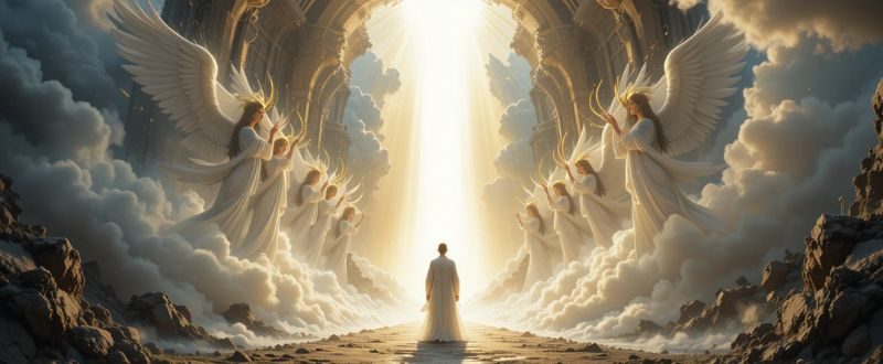 Figura espiritual vendo anjos e túnel de luz, representando a visão cristã e espiritual das EQMs e Religião.