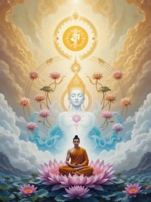 Alma em transição com flores de lótus e monge meditando, simbolizando visões hindus e budistas das EQMs e Religião.