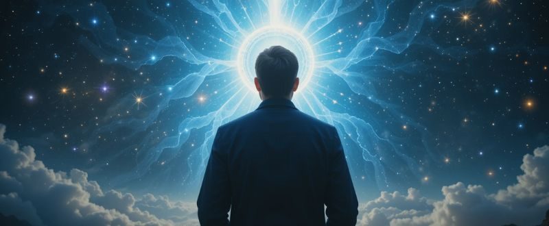 Pessoa encontrando um guia espiritual luminoso em um plano astral elevado.