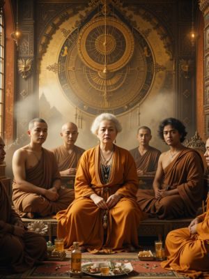 Helena Blavatsky em ambiente oriental entre monges e símbolos esotéricos.