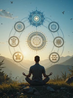 Buscador espiritual moderno meditando com símbolos do Espiritismo, Teosofia e Rosacrucianismo, Espiritismo, Teosofia e Rosacrucianismo: Entenda as Diferenças e Conexões.