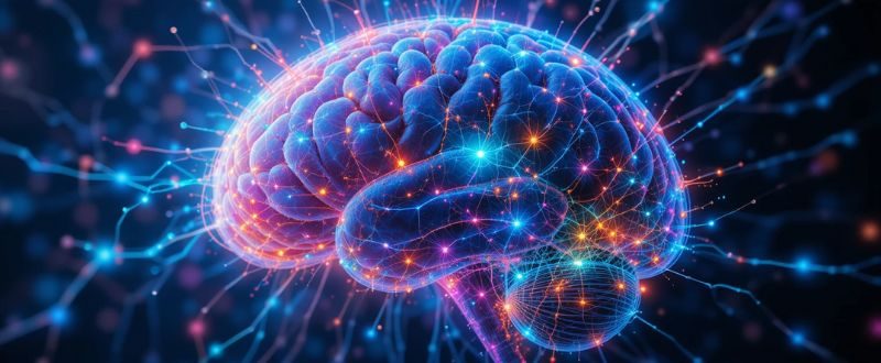 Visualização de cérebro com atividade neural e luzes coloridas, representando estudos científicos sobre EQMs.