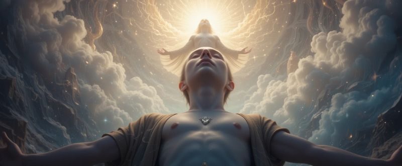Espírito flutuando acima do corpo, em um ambiente de luz suave e paz, simbolizando a visão fora do corpo em EQMs.