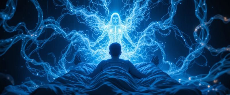 Pessoa deitada sendo observada por um ser translúcido cercado por ondas de energia.