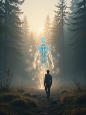 Figura humanoide de luz conduzindo pessoa por floresta envolta em névoa etérea.