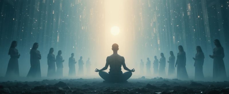 Pessoa meditando envolta em campo de luz, com presenças dimensionais sutis ao redor.
