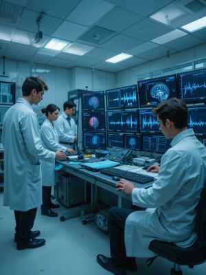 Cientistas observando dados cerebrais incomuns após parada cardíaca em laboratório moderno, verificando evidências científicas de vida após a morte.