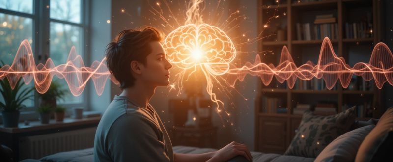 Pessoa meditando em casa, com elementos visuais de ciência e espiritualidade representando a conexão entre EQMs e consciência.