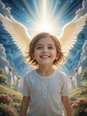 Criança em paisagem espiritual com figuras angelicais e luz brilhante, representando visões comuns nas Experiências de Quase Morte em Crianças.