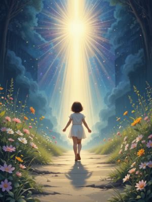 Criança caminhando com guia espiritual em direção a uma luz radiante, simbolizando paz e transformação nas Experiências de Quase Morte em Crianças.