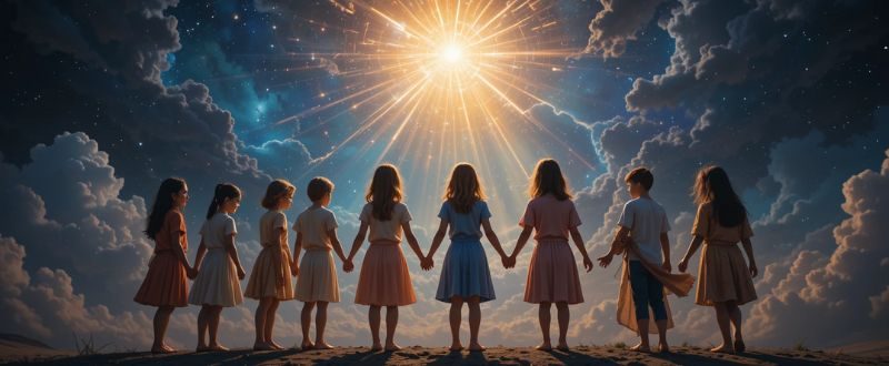 Crianças de culturas diferentes sob luz cósmica de mãos dadas, simbolizando unidade após Experiências de Quase Morte em Crianças.