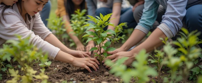 Comunidade plantando árvores em conjunto, representando ação coletiva consciente.
