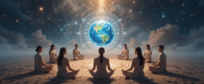 Grupo meditando conectado a uma grade de energia espiritual ligada à Terra.