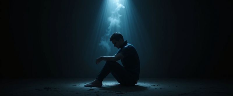 Pessoa sentada na escuridão com uma luz suave tocando seu corpo, simbolizando o início do sofrimento humano.