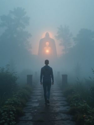 Pessoa caminhando em um caminho nebuloso com símbolos espirituais ao redor.