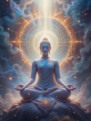 Figura em meditação cercada por luz de cura e paz.