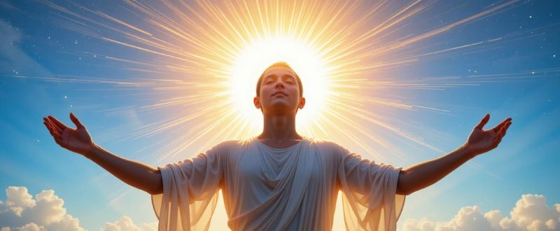 Ser espiritual radiante de braços abertos sob o nascer do sol.
