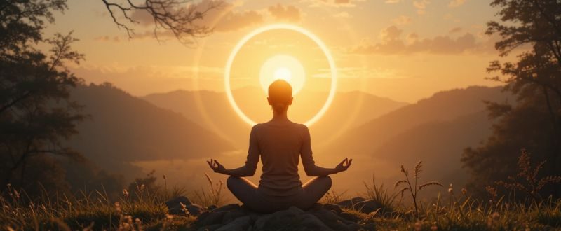 Pessoa meditando ao nascer do sol em conexão profunda consigo mesma, uma meditação como caminho para o autoconhecimento profundo.
