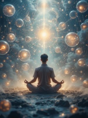 Meditador envolto por memórias e insights sutis.