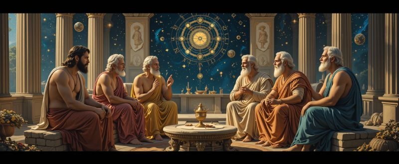 Filósofos antigos discutindo o livre arbítrio e o destino, com símbolos cósmicos ao fundo.