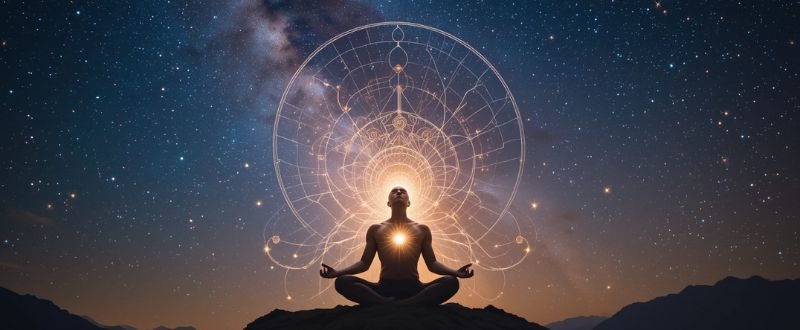 Pessoa meditando sob um céu estrelado, conectando coração e universo em equilíbrio espiritual.
