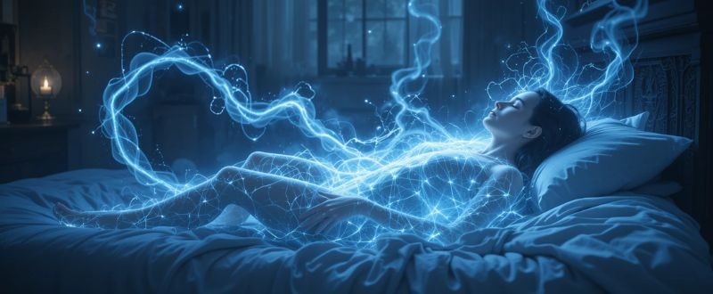 O Papel do Cordão de Prata na Projeção Astral: Mito ou Realidade? Corpo astral luminoso conectado ao corpo físico por um cordão de prata.