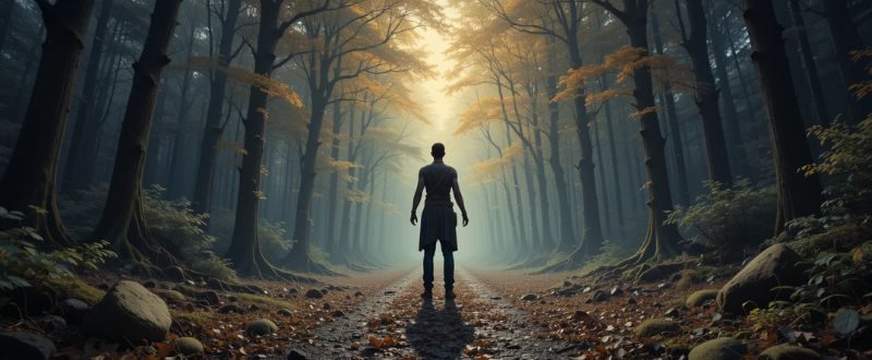 Pessoa em pé em uma encruzilhada em uma floresta mística, representando escolhas espirituais.