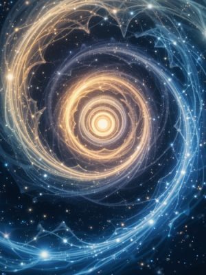Espiral luminosa mostrando a evolução da alma em meio às estrelas.