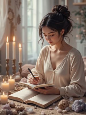 Pessoa escrevendo em um diário espiritual com velas e cristais ao redor, criando um ritual diário de autoconhecimento.