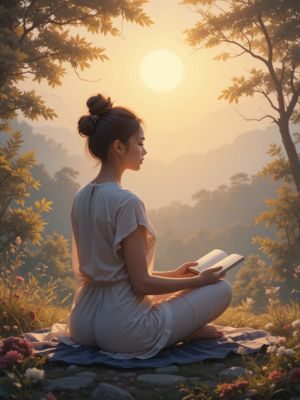 Pessoa meditando em posição de lótus ao ar livre ao amanhecer, com o diário ao lado, representando alinhamento espiritual.