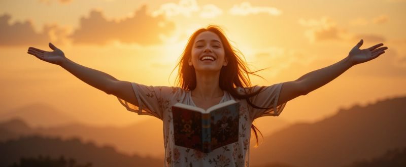 Pessoa de braços erguidos em um amanhecer sentndo a prsença de seres de luz ao redor, simbolizando despertar espiritual.