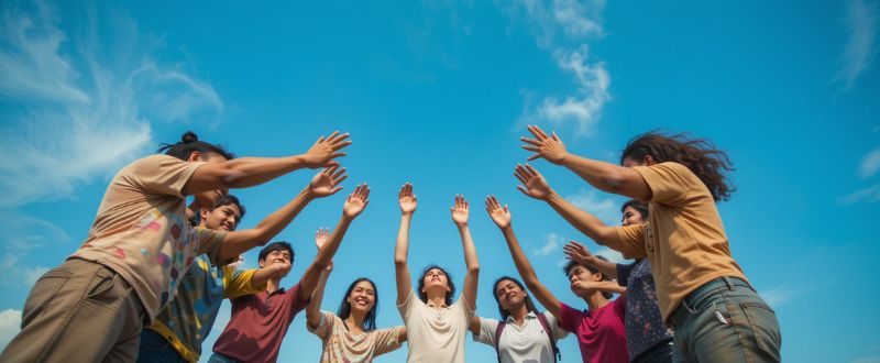 Pessoas diversas de mãos dadas em círculo sob o céu, simbolizando a unidade da humanidade.