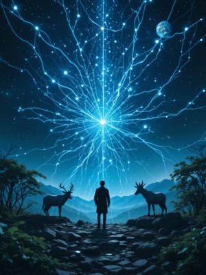 Campo de energia conectando animais, humanos e a natureza com linhas de luz.