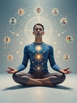 Pessoa meditando com linhas de energia conectando-a a outras ao redor do mundo.
