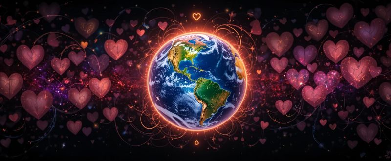 Terra brilhando cercada por corações, simbolizando um mundo em unidade e paz.