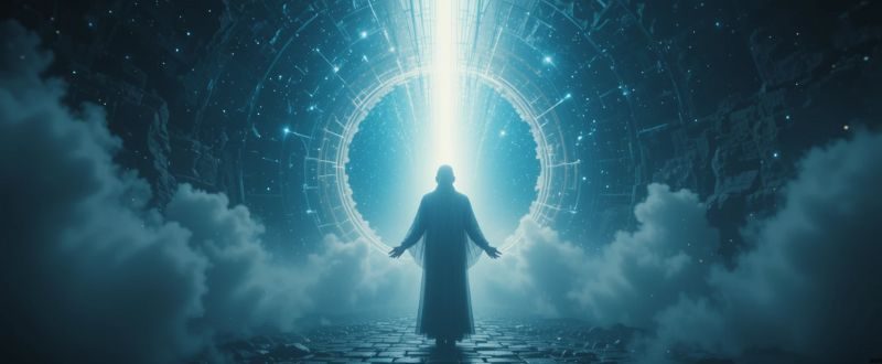 Pessoa em experiência de quase morte com túnel de luz, simbolizando transformação espiritual.