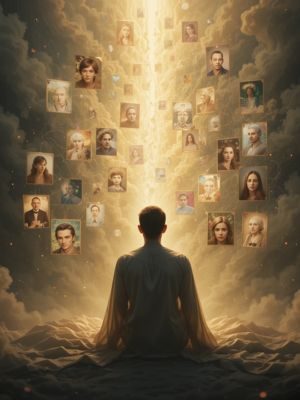 Revisão de vida durante a EQM com memórias em luz ao redor da pessoa.