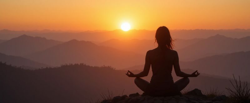 Silhueta meditando em frente ao nascer do sol após a EQM, simbolizando propósito renovado.