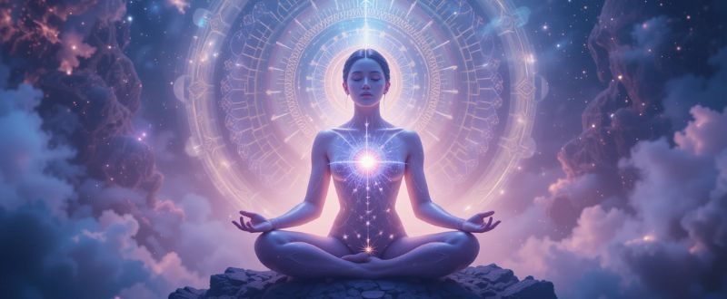 Pessoa em meditação com corpo astral se desprendendo suavemente, envolvida por luz espiritual.