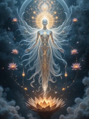 Corpo astral flutuando com energias de cura ao redor.