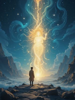 Pessoa em projeção encontrando um guia espiritual em um plano sutil.