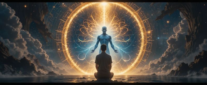 Viajante astral se conectando com seu Eu Superior através de um portal energético.