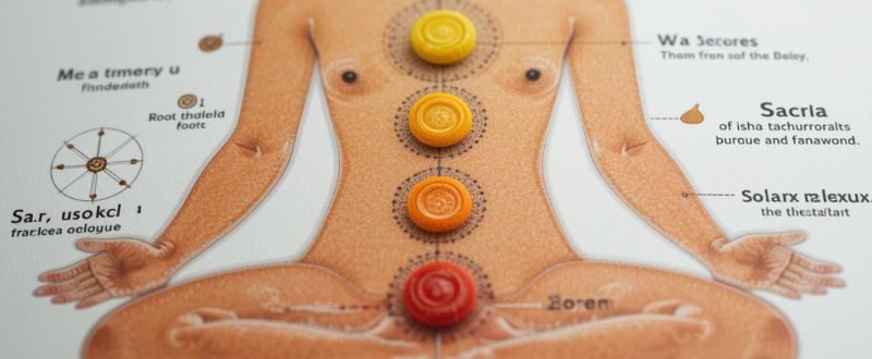 Ilustração dos chakras inferiores com cores e símbolos.