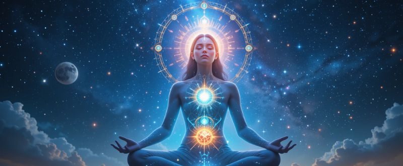 Pessoa conectada ao universo através dos chakras superiores.