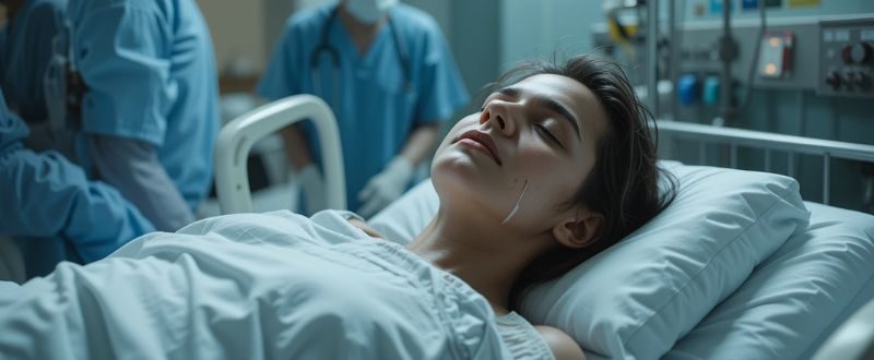 Pessoa inconsciente em um leito hospitalar cercada por médicos em estado crítico.