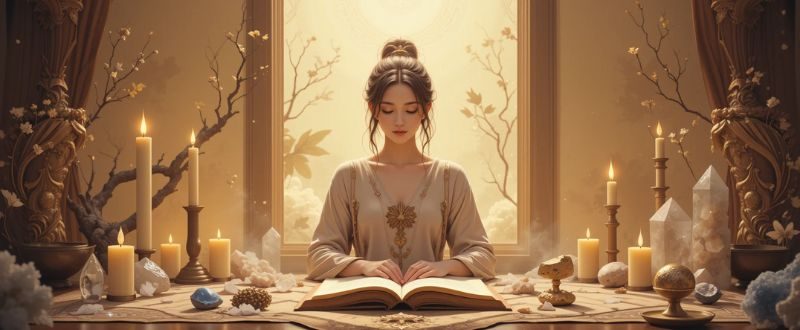 Pessoa escrevendo em um diário espiritual com velas e cristais, integrando reflexões sobre identidade.