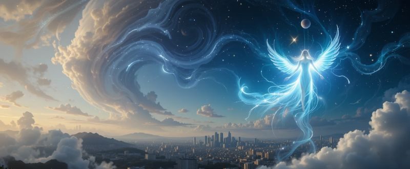 Espírito luminoso voando sobre uma cidade pacífica, representando liberdade durante a projeção astral.