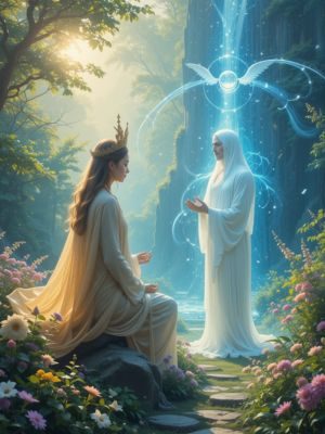 Ser espiritual encontrando um guia em um jardim iluminado, representando encontros durante a projeção astral.