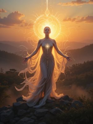 Espírito luminoso retornando ao corpo físico ao amanhecer, simbolizando retorno seguro.